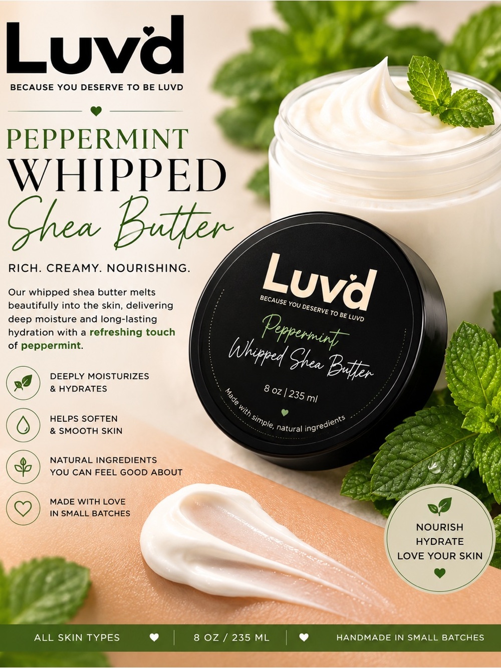 LUVD Peppermint Whipped Shea Butter – Natural Body Moisturizer 8 oz